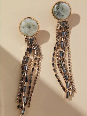 Anthropology semi-precious Gold-Tone Green Stone Tassel Drop Earrings
